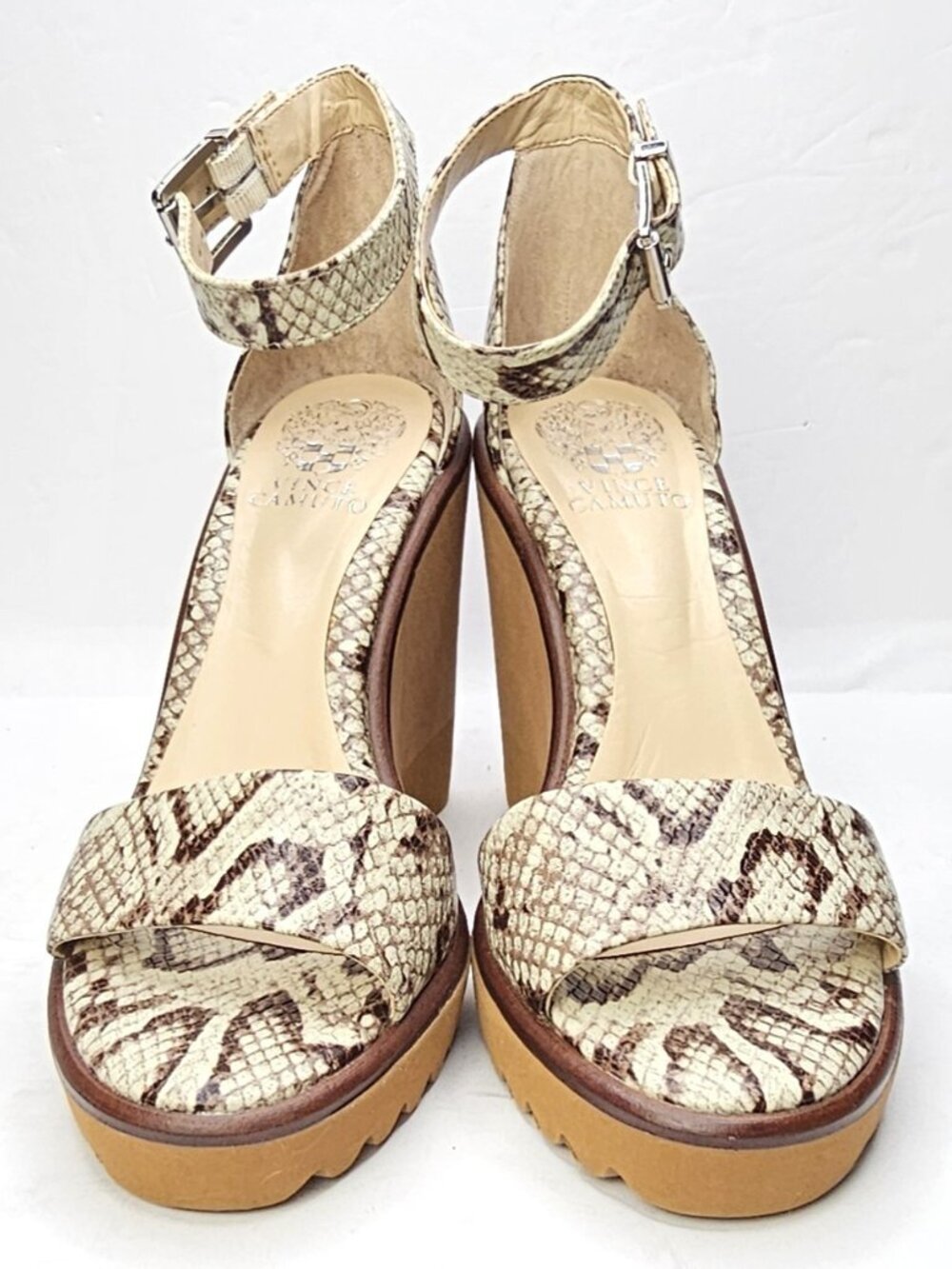 Vince Camuto Gretam Sz 9 Beige Snake Print Ankle Strap Wedge Platform Sandals - Picture 3 of 11